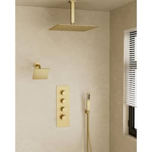Thermostatic Valve 7-Spray 16 in. and 6 in. Dual Ceiling Mount Shower Head and Handheld Shower 2.5 GPM in Brushed Gold