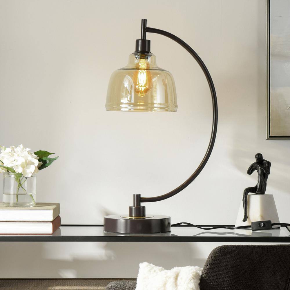 Black Arc Table Lamp with Glass Pendant Shade
