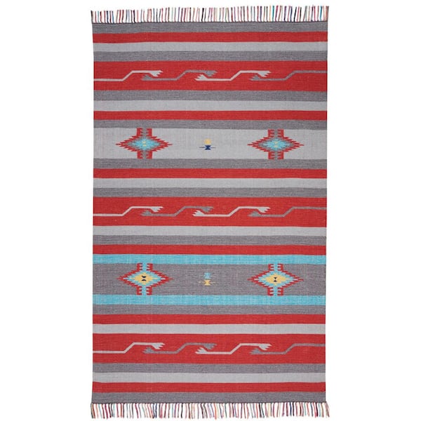 7 ft. x 10 ft. Gray and Red Southwestern Handmade Area Rug with Fringe