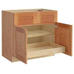 Hargrove Cinnamon Stain Plywood Shaker Assembled Base Kitchen Cabinet 1 rollout Soft Close 36 in W x 24 in D x 34.5 in H