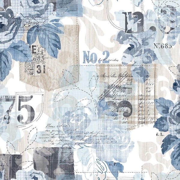 Unbranded Nordic Elements Blue Floral Rose Patchwork Matte Finish Non-Pasted Non-Woven Wallpaper Sample
