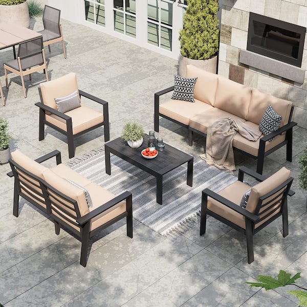 SUNMTHINK 5-Piece Aluminum Patio Furniture Conversation Seating Set with Beige Cushions