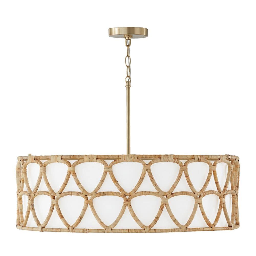 Tulum 28 in. W x 19.5 in. H 4-Light Wide Pendant in Matte Brass with White Fabric Shade and Hand-Wrapped Natural Rattan price history on PriceWatchPro