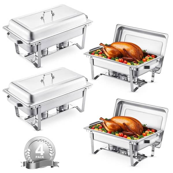 Chafing Dish Buffet Set, 8 qt. 4-Pack, Silver, Stainless Steel Chafing Dishes and Accessories, Round Catering Warmer