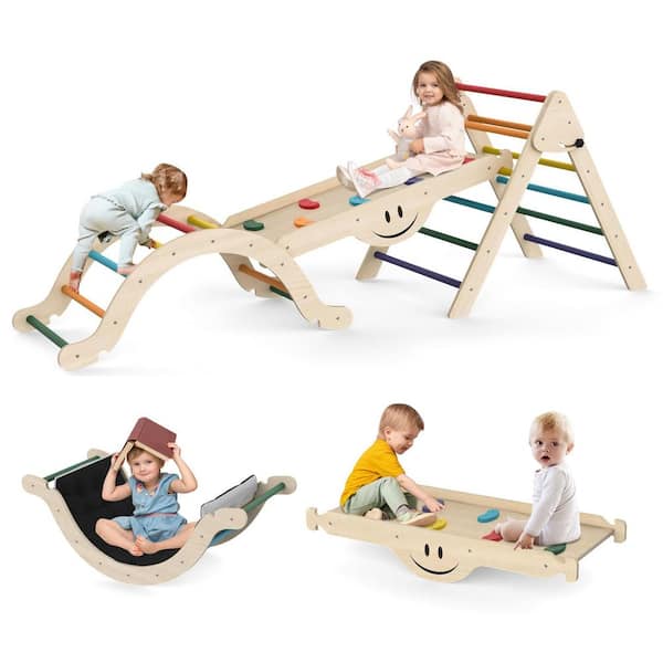 SEEUTEK 8-in-1 Rainbow Triangle Set with Soft Cushion, Foldable Toddler Climbing Toys with Ramp, Wooden Jungle Gym