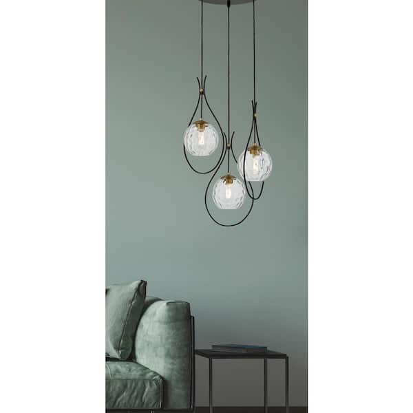 Cody 3-Light Black and Soft Brass Pan Pendant Light with Clear Water Glass Shades