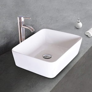 White Ceramics Rectangle Vessel Sink with Chrome Faucet Pop Up Drain Set