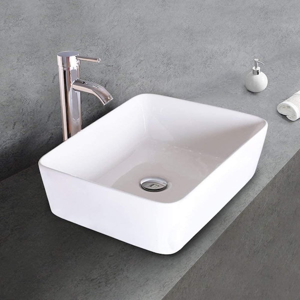 eclife White Ceramics Rectangle Vessel Sink with Chrome Faucet Pop Up ...