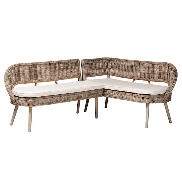 Raisa Greywashed Kubu Rattan 2-Piece Dining Nook Banquette Set