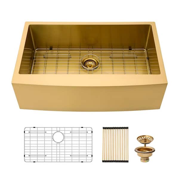 33 in. Gold Farmhouse Single Bowl 16-Gauge Stainless Steel Kitchen Sink with Basket Strainer