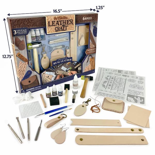 Leather Working Kit for Beginners with Leather Tools, Dyes, and Leather Stamps 64-Piece