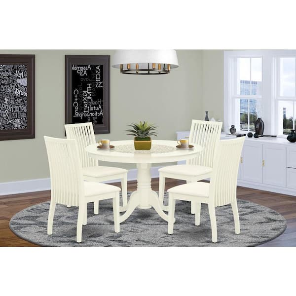 5-Piece Round Linen White Finish Solid Wood Top Dining table with 4 Chairs with Lattice Back