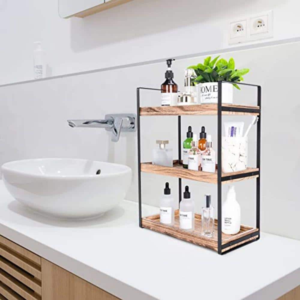 Brown Wood and Black Metal 3-Tier Freestanding Shelf