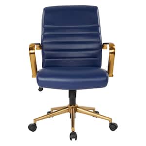 Mid-Back Navy Faux Leather Chair with Gold Arms and Base