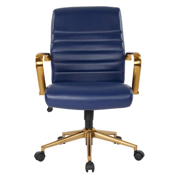 OSP Home Furnishings Mid-Back Navy Faux Leather Chair with Gold Arms and Base