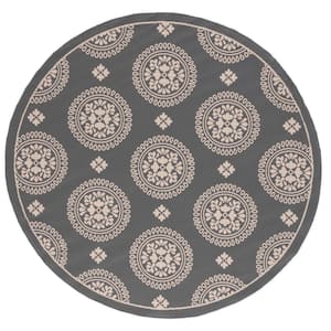 Courtyard Gray 7 ft. Round Floral Geometric Indoor/Outdoor Area Rug