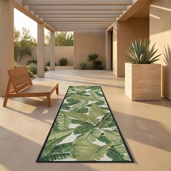 Dolce Palm Lily Hunter Green-Ivory 2 ft. x 8 ft. Indoor/Outdoor Runner Rug