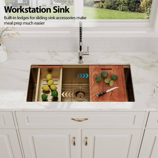 Logmey 33 in. Gold Undermount Workstation Sink Single Bowl 16