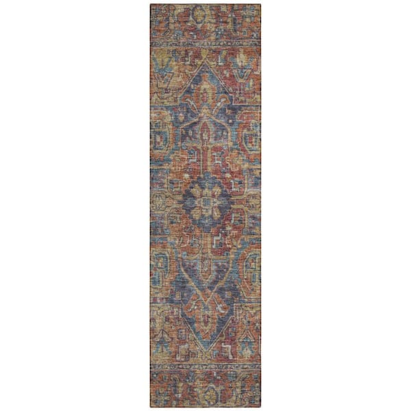 Red Orange and Blue 2 ft. x 8 ft. Woven Oriental Runner Indoor/Outdoor Area Rug