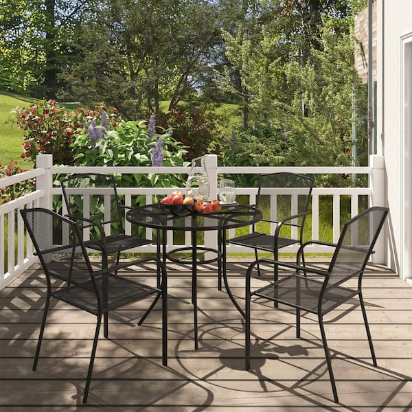 Mondawe 5-Piece Black Steel Mesh Dining Chair Round Table 29.5 in. Height Outdoor Dining Set with Umbrella Hole
