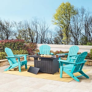 5-Piece 30000-BTU Tiles Top Aluminum Propane Patio Fire Pit and HDPE Folding Adirondack Chairs Set