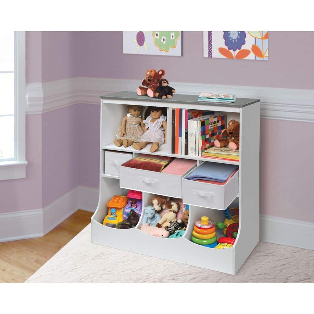Whimsical Woodgrain & White Kids Storage Organizer with Baskets