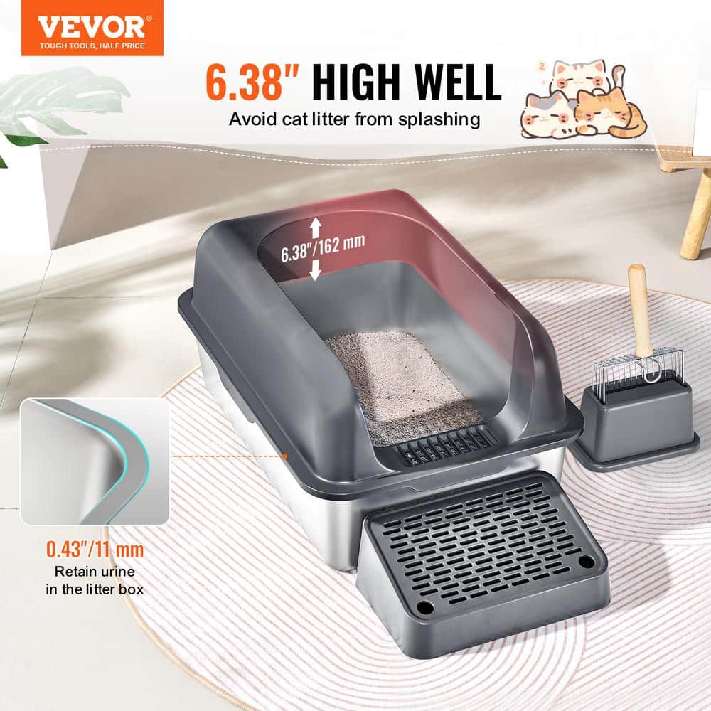 Extra Large Dark Gray Stainless Steel Covered Cat Litter Box with Scoop