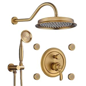 Single-Handle 4-Spray Patterns Bathroom Rain Shower Faucet with Body Jet Handshower in Brushed Gold (Valve Included)