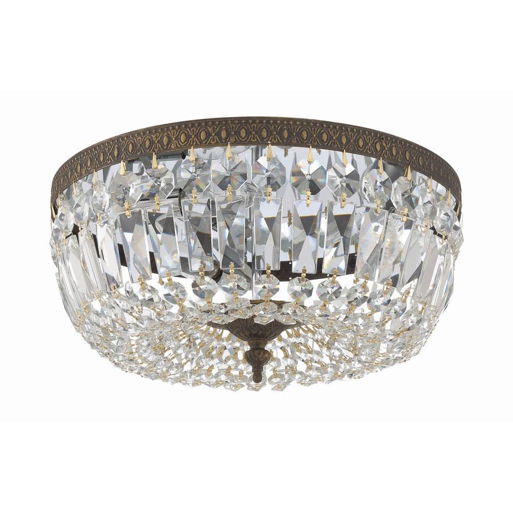 English Bronze and Crystal 3-Light Flush Mount Ceiling Fixture