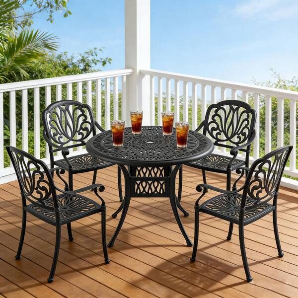 heavy patio table with umbrella hole 47'' Duty Picnic Round Hole, Expanded Meta Outdoor Metal Dining Table Park Bench Set, Steel Mesh Outdoor Patio Furniture for Garden, Lawn, Patio, Porch, Park and perfect for outdoor events Umbrella Hole Patio Tables for