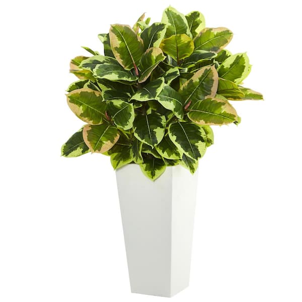 Nearly Natural Variegated Rubber Artificial Plant in White Tower Planter (Real Touch)