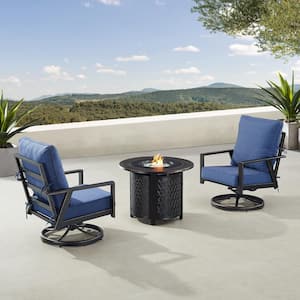 Black 3-Piece Aluminum Patio Fire Pit Set with 2-Club Chairs Blue Cushions