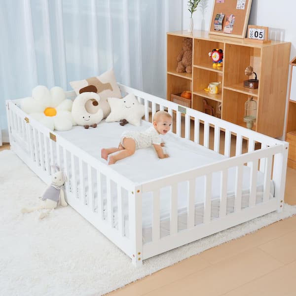 White Twin Size Kids Floor Bed Cushion Floor Bed Frames for Kids Montessori Floor Bed with Rails and Safety Guardrails
