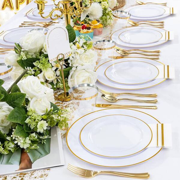 Adrinfly White and Gold Disposable Dinnerware Set 350-Pieces for