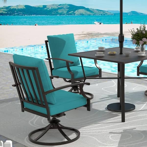 Halmuz Brown Swivel Metal Outdoor Dining/Restaurant Rocking Chairs with Vertical Back and Blue Cushions (2-Pack)