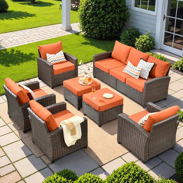 Toject Palermo Brown 7-Piece Wicker Modern Outdoor Modular Patio Conversation Sofa Seating Set with Orange Red Cushions