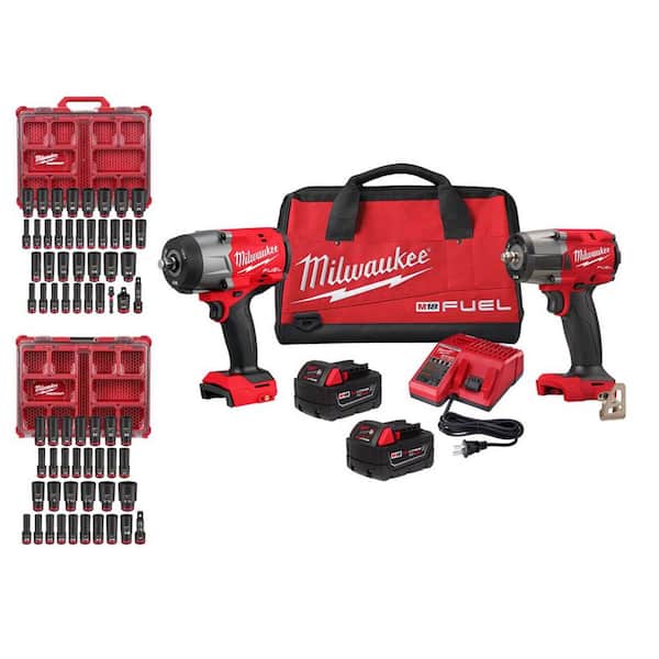 M18 FUEL 18V Lithium-Ion Brushless Cordless High Torque 1/2 in. & Mid-Torque 3/8 Impact Wrench Combo Kit & Socket Sets