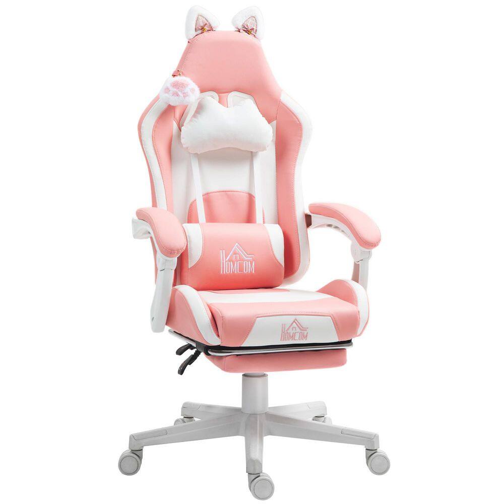 Pink Faux Leather Reclining Gaming Chair with Footrest and Cat Ears