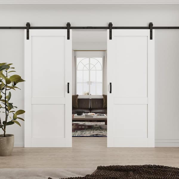 64 in. x 80 in. (Double 32 in. ) Paneled 2 Lite White Primed Solid Core MDF Sliding Barn Door with Hardware Kit