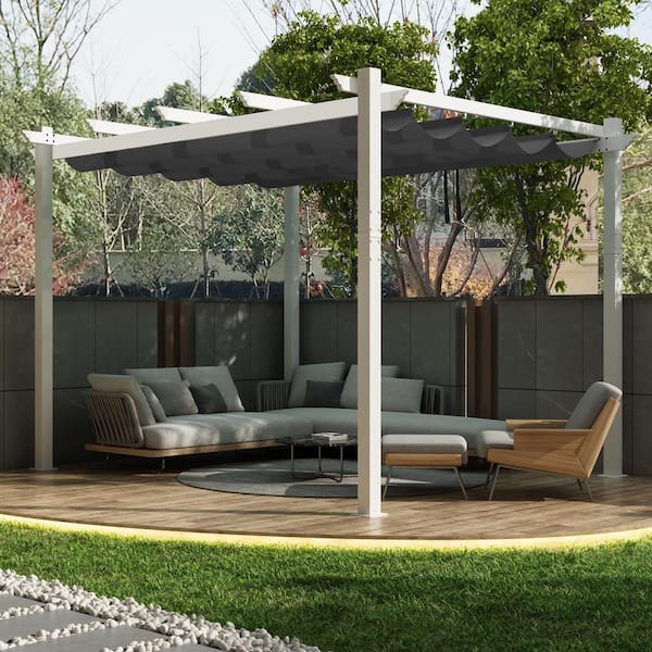PURPLE LEAF 10 ft. x 13 ft. White Aluminum Frame Outdoor Pergola Gazebo with Gray Retractable Sun Shade Canopy for Backyard