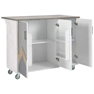 White MDF Kitchen Cart Drop-Leaf Tabletop, Cabinet Door Internal Storage Racks, 4 Wheels, Mountain Peaks Design