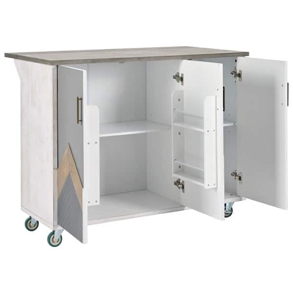 Harper & Bright Designs White MDF Kitchen Cart Drop-Leaf Tabletop, Cabinet Door Internal Storage Racks, 4 Wheels, Mountain Peaks Design