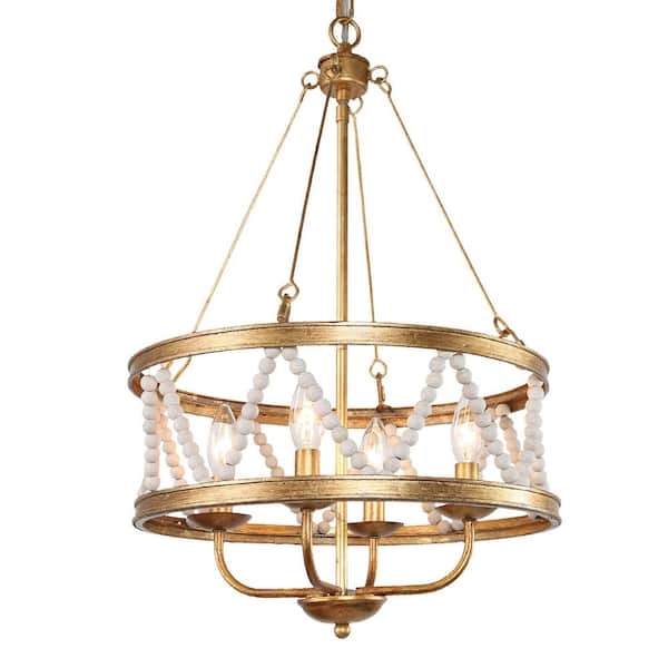 4-Light Antique Gold Chandelier with White Wood Beads