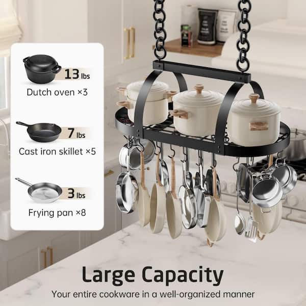 Matte Black Ceiling Oval Pot Rack for Kitchen with 20 S Hooks