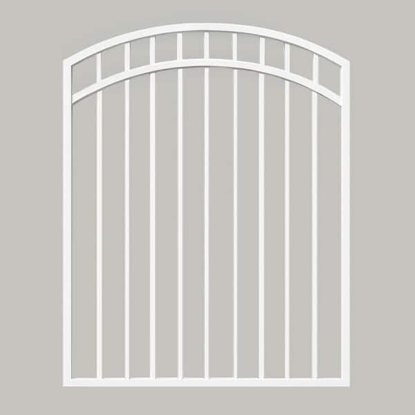 Glossy White Arched Coral Steel Gate (45 in. W x 56 in. H) with Self-Close Hardware, Double-Sided Handle, and 2x2 Hinges