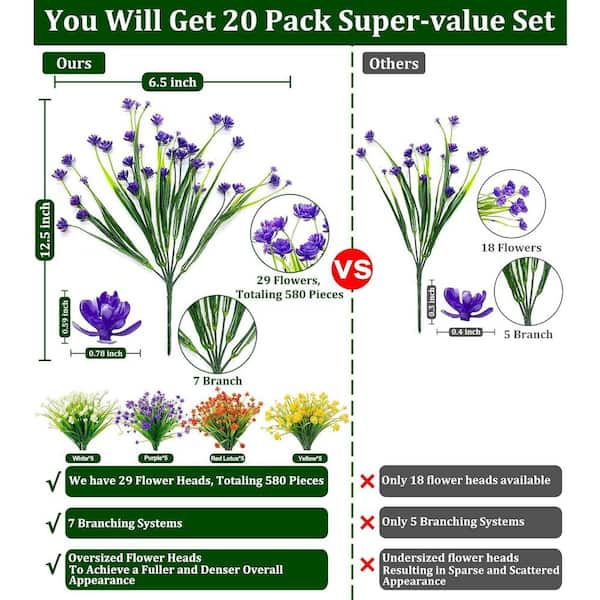 Afoxsos 12.6 in. H 20 Bundles Artificial Flowers for Outdoors UV