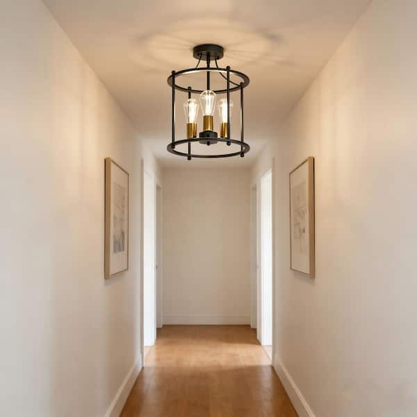 14.8 In. 3-Light Semi-Flush Mount Ceiling Light Fixture, Matte Black and Gold Finish, E26 Base, Bulbs Not Included