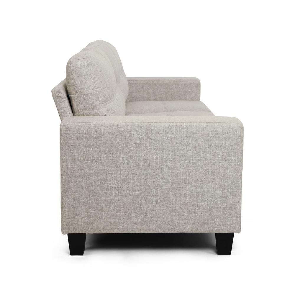 Beige and Espresso 76" Tufted Polyester and Wood 3-Seater Sofa