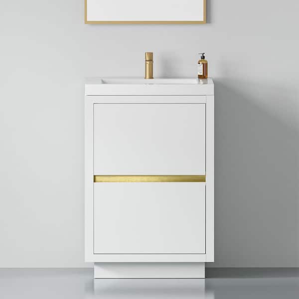 24 in. Single Sink Freestanding White Bath Vanity with White Resin Top (Assembled), Soft Close Drawers, U-shape Drair
