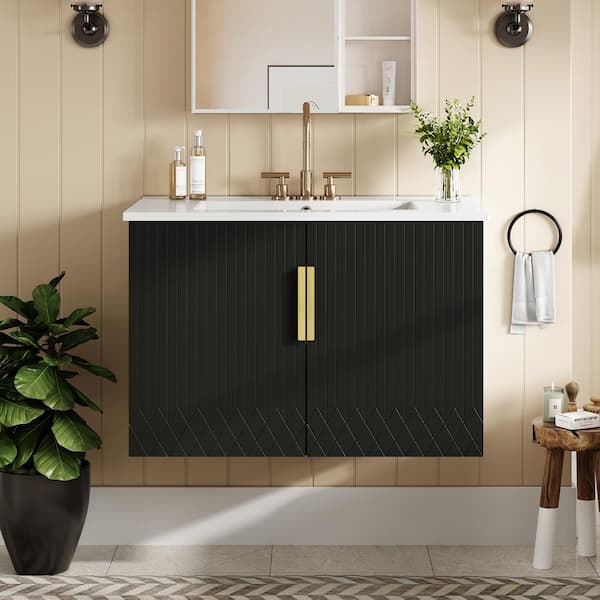 Virubi Floating 30 in. W Single Sink Black Vintage Bath Vanity